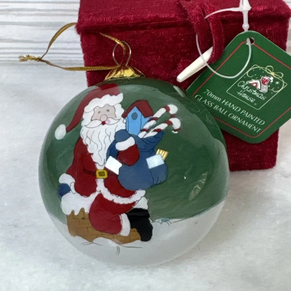 Christmas House Hand Painted Santa Claus Glass Ornament Velvet Box